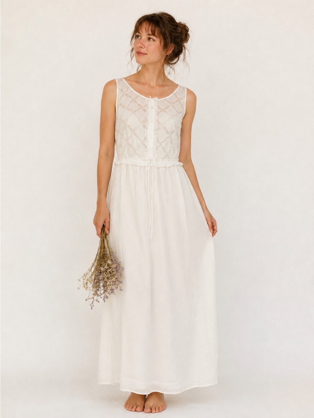 Vintage White Cotton Swiss Dot Lace Maxi Nightgown Drawstring Tie Back Medium